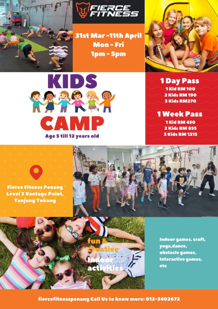 Cartoon style character to present the Fierce Fitness Kids Camp (Ages 3-12) – Keep your kids active and engaged this spring break! Our high-energy camp is packed with obstacle courses, team challenges, and fun games that build confidence and promote movement—all while making fitness feel like play!
