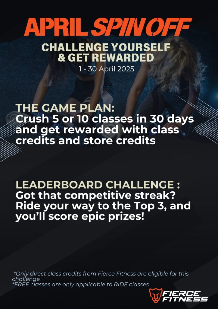 An indoor cycling challenge for the month of April. Attend 5 classes or 10 classes in 30 days and get rewarded with class drecits and store credits.