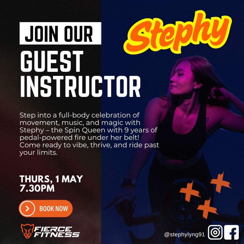 A poster to highlight a guest instructor session, Stephy who is the Spin Queen with 9 years of experience